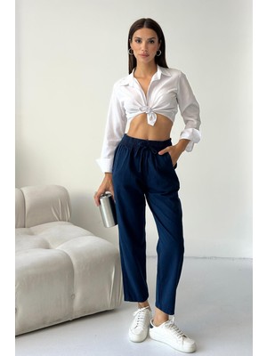 Gabardin %100 Pamuk Rahat Kalıp Lacivert Yüksek Bel Düz Paça Kadın Pantolon