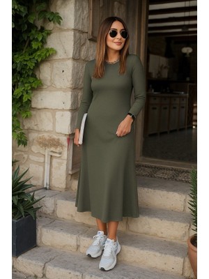 Sosostyle Kadın Uzun Kollu Bisiklet Yaka Arkası Çapraz Detaylı Viskon Iki Iplik Maxi Elbise