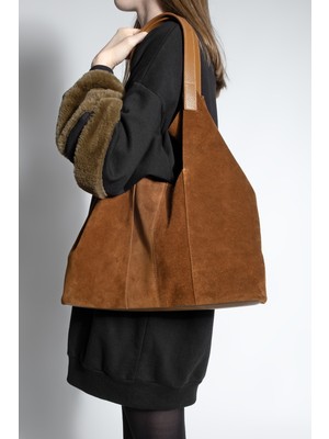 Marjin Kadın Hakiki Deri Shopper Içi Çantalı Düğme Kapama Omuz Çantası Filun Taba Süet