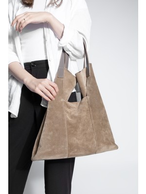 Marjin Kadın Hakiki Deri Shopper Içi Çantalı Düğme Kapama Omuz Çantası Filun Vizon Süet