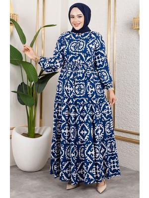 Viskon Kumaş Beli Bağcıklı Elbise 7134-05 Mavi