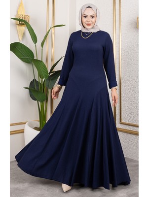 Volan Deyaylı Bürümcük Elbise 7132-02 Lacivert