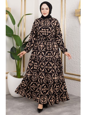 Viskon Kumaş Beli Bağcıklı Elbise 7134-02 Vizon