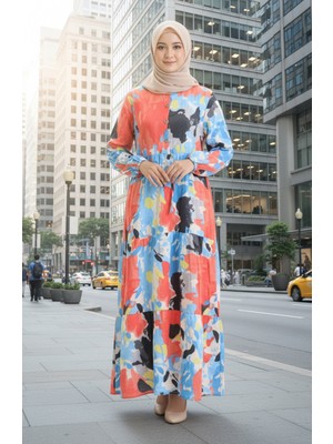 Modal Kumaş Beli Bağcıklı Elbise 0166-02 Mercan Mavi