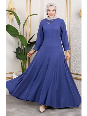 Sefa Merve Volan Deyaylı Bürümcük Elbise 7132-04 Mavi