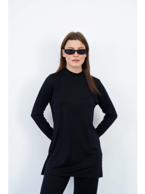 Penye Bizden Kadın Viskon Dik Yaka Tunik Uzun Kol Düz Desen Siyah Renk