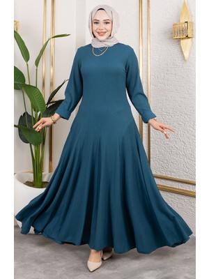 Sefa Merve Volan Deyaylı Bürümcük Elbise 7132-05 Petrol