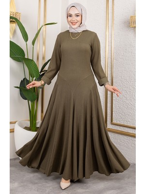Volan Deyaylı Bürümcük Elbise 7132-01 Haki
