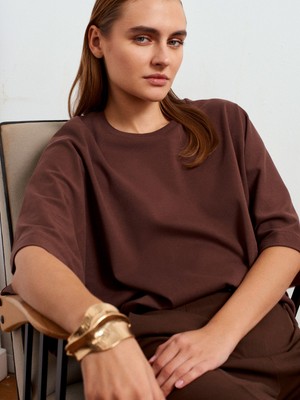 32210 %100 Pamuk Yarasa Kol T-Shirt-Açık Kahve