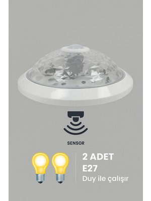 Ares Group Sensörlü 360 derece Hareket Algılayıcılı Tavan Armatürü Otomatik Aydınlatma E27 Uyumlu 2 Ampul Girişli
