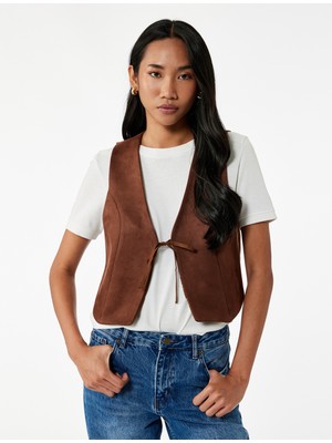 Slim Fit V Yaka Bağlama Detaylı Crop Suni Süet Yelek