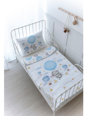 Organik Baskılı Bebek Boy (100X150) Yorgan Seti - For Baby Serisi - Mavi Büyük Balonlu Fil