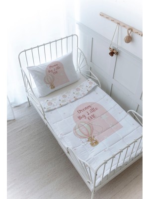 Organik Baskılı Bebek Boy (100X150) Yorgan Seti - For Baby Serisi - Pembe Balonda Ayı