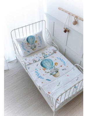 Organik Baskılı Montessori (100X200) Yorgan Seti - For Baby Serisi - Mavi Balonda Fil