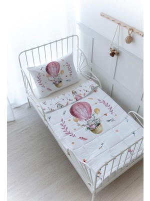 Organik Baskılı Bebek Boy (100X150) Yorgan Seti - For Baby Serisi - Pembe Balonda Fil