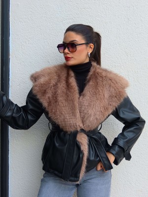 Kürk Yaka Kuşaklı Deri Ceket