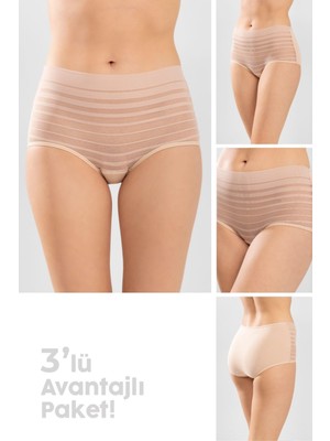 Kadın Yüksek Bel Pamuklu Transparan Detaylı Bato Külot  3'lü Paket 8261 Ten Rengi