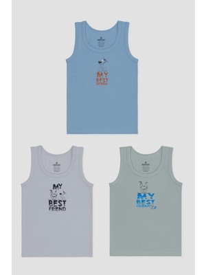 Erkek Çocuk Pamuklu Bisiklet Yaka Baskılı Atlet Tişört 3'lü Paket 2528 Renkli