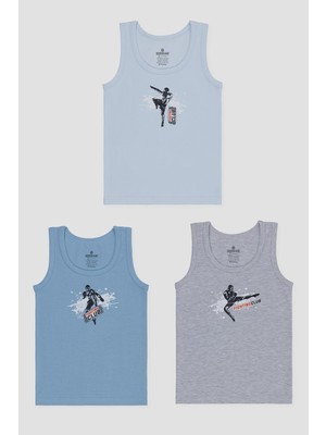 Erkek Çocuk Pamuklu Bisiklet Yaka Baskılı Atlet Tişört 3'lü Paket 2522 Renkli