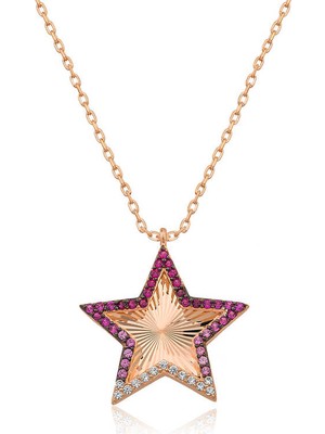 925 Ayar Gümüş Pembe Fırfır Desenli Yıldız Kadın Gümüş Kolye