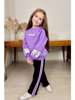 Kız Çocuk Kollarında ve Göğsünde Girl Yazı Detaylı Lila Sweat Şerit Detaylı Eşofman Takım