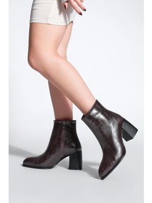 Isabel Kroko Desenli Topuklu Kadın Bot Kahve