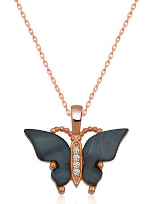 Stumbanng Gümüş Rose Antrasit Kaplangözü Taşlı Kelebek Kolye