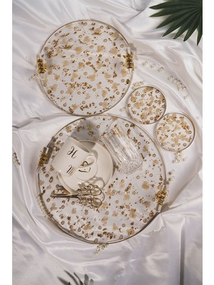 El Yapımı Gerçek Epoksi İnci sim ve  Ortanca Çiçekli Söz & Nişan Tepsi Seti