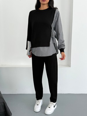 Kadın Çizgili Gömlek Detaylı Yandan Bağlamalı Uzun Kol Boru Paça Alt Üst Modal Takım