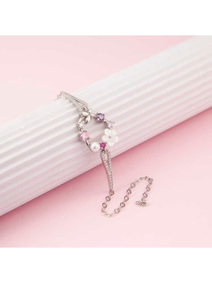 Gümüş Kalp Manolya Çiçeği Kelebek Kadın Bileklik