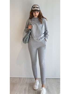 Kadın Bisiklet Yaka Uzun Kollu Bel Lastikli Oversize Eşofman Takımı