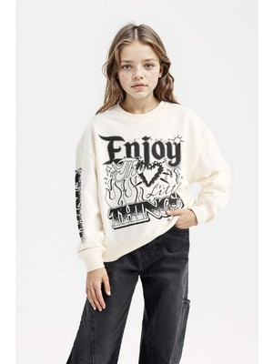 DeFacto Kız Çocuk Oversize Geniş Kalıp Bisiklet Yaka Baskılı Sweatshirt D6629A824AU