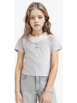 DeFacto Cropped Fit Bisiklet Yaka Ribana Kısa Kollu Tişört Kız Çocuk E1830A825SM