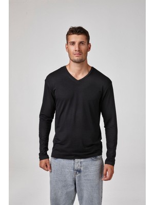 Erkek Siyah Uzun Kollu V Yaka Modal Basic Tişört C7T2N6O1