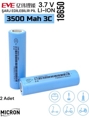 Eve  18650 3.7V (Volt) 3500 Mah 35V Lityum Şarj Edilebilir 2 Adet Pil(Batarya) Pil Kutusu Hediyeli