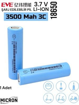 Eve  18650 3.7V (Volt) 3500 Mah 35V Lityum Şarj Edilebilir 1 Adet Pil(Batarya) Pil Kutusu Hediyeli