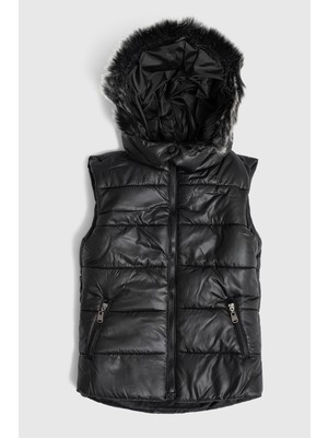 Içi Elyaf Dolgulu Kürk Kapşonlu Kız Yelek