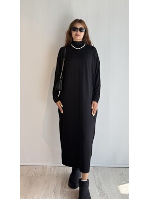 Kadın Yarım Balıkçı Yaka Uzun Kol Oversize Uzun Boy Elbise