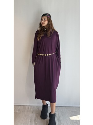 Kadın Yarım Balıkçı Yaka Uzun Kol Oversize Uzun Boy Elbise