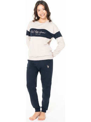 Kadın Bisiklet Yaka Uzun Kollu Pijama Takımı S26122 Rahat Kumaş Paçası Bantlı