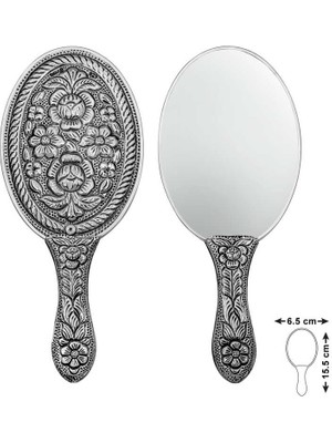 925 Ayar Gümüş Papatya ve Gül Motifli El Aynası