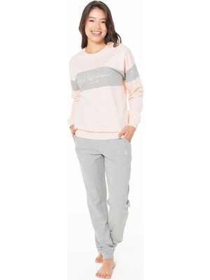 Kadın Bisiklet Yaka Uzun Kollu Pijama Takımı S26122 Rahat Kumaş Paçası Bantlı