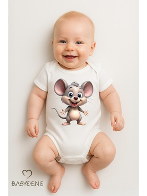 Babyden's Pamuklu Sevimli Hayvan Figürlü Bebek Body Unisex Çıtçıtlı Tulum Yazlık Kısa Kollu Zıbın Fare