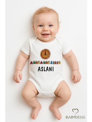 Babyden's Anneannesinin Aslanı Yazılı Çıtçıtlı Bebek Zıbını | Pamuk Kısa Kollu Body Tulum | 0-3 Ay-24 Ay