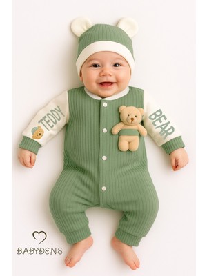 Babyden's Teddy Bear Temalı Yenidoğan Fitilli Tulum Takımı Ayıcıklı Erkek Bebek Tulum Şapka Set PAMUK