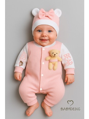 Babyden's Teddy Bear Temalı Yenidoğan Fitilli Tulum Takımı Ayıcıklı Kız Bebek Tulum Şapka Set Pamuk