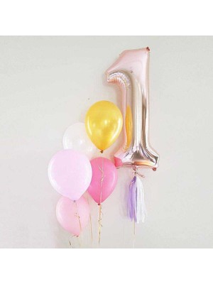 Le Mabelle Rose  1 Rakamı Püsküllü Balon Set
