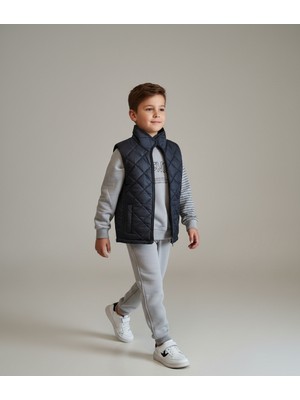 Modern Kapitone Yelekli Baskılı 3 Iplik Sweatshirt ve Eşofman Altı 3'lü Erkek Çocuk Takımı