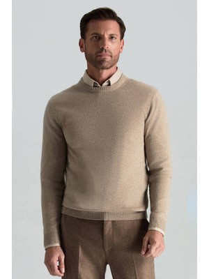 Saf Kaşmir Bisiklet Yaka Camel Kazak