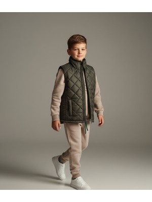 Modern Kapitone Yelekli Baskılı 3 Iplik Sweatshirt ve Eşofman Altı 3'lü Erkek Çocuk Takımı